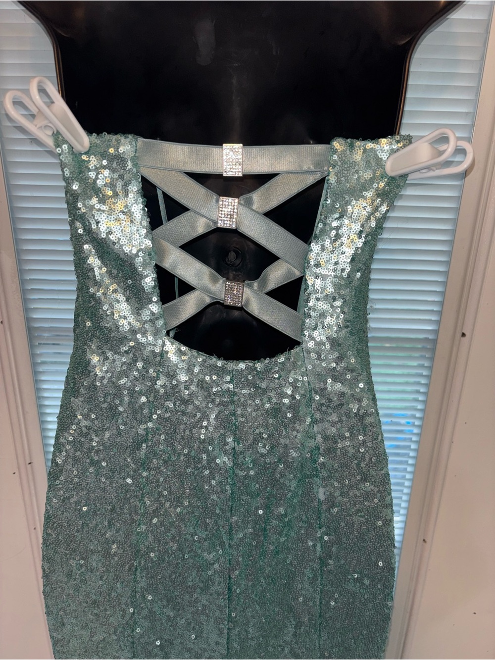 Aqua Sequin Strapless Prom Gown with Front Slit - Picture 2 of 6